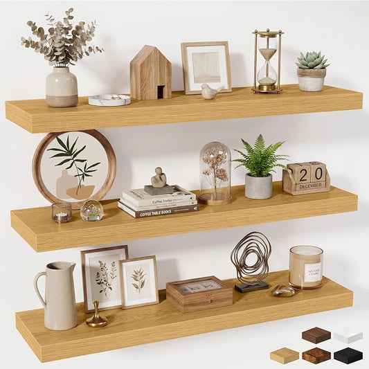 Fun Memories Floating Shelves Set of 3, 40 Inch Long Wooden Wall Shelves, 10 Inch Deep Wall Mounted Storage Shelf with Metal Brackets for Living Room, Bathroom, Bedroom and Kitchen, Oak