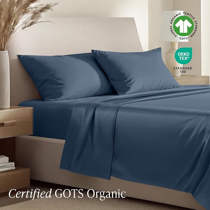 Bare Home 100% Organic Cotton Twin Extra Long Sheet Set - 400 Thread Count - Smooth Sateen Weave - Breathable & Cooling - Hotel Luxury Set - Deep Pocket Bed Sheets (Twin XL, Bering Sea)