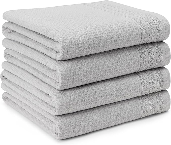 Town & Country Basics 4-Piece Waffle Woven Terry Stripe Bath Towel Set, 30x56-Inch, 100% Cotton, Quick Dry, Gray