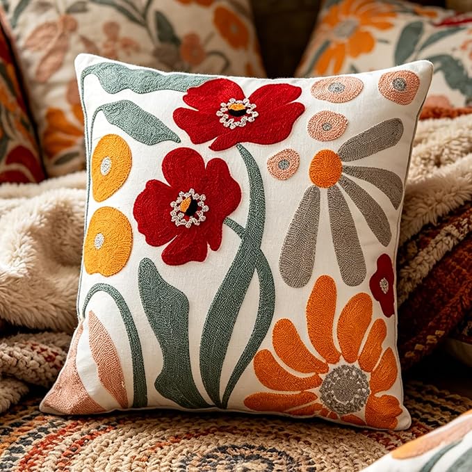 Embroidered Throw Pillow Cover 18x18 Inch,Cotton Canvas Floral Pillow Case, Daisy Wildflower Leaf Boho Farmhouse Decorative Cushion Square for Sofa Bedroom Living Room Outdoor Couch Farmhouse(A001)