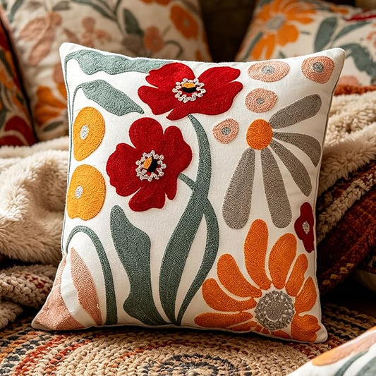 Embroidered Throw Pillow Cover 18x18 Inch,Cotton Canvas Floral Pillow Case, Daisy Wildflower Leaf Boho Farmhouse Decorative Cushion Square for Sofa Bedroom Living Room Outdoor Couch Farmhouse(A001)