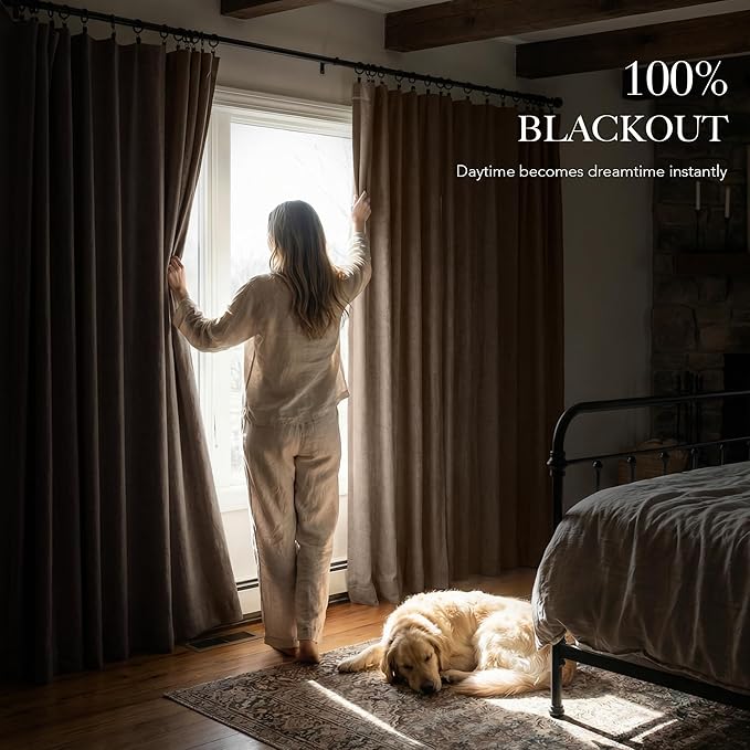 RYB HOME Brown 100% Blackout Curtains 84 inches Long, Thermal Insulating Privacy Energy Saving Linen Curtains for Bedroom Living Room Window Office Theater Dining Nursery, W52 x L84, 2 Panels