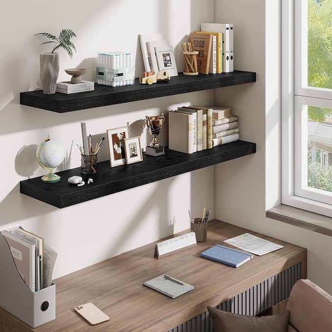 Fun Memories 48 Inch Floating Shelves for Wall - 10 Inch Deep Fireplace Mantel Shelf - Wood Floating Shelf for Wall - Large Storage Shelves Wall-Mount for Living Room & Bedroom - Black - Set of 2