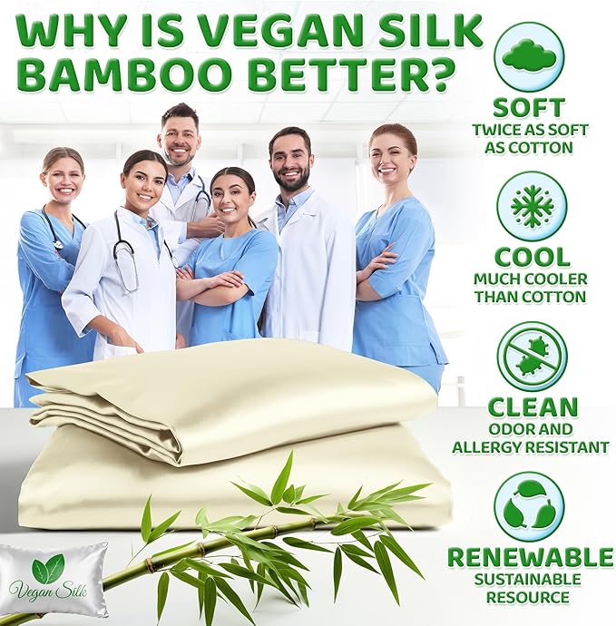Pillow Cases - 100% Viscose Derived from Bamboo - Cooling Pillowcase - King Size, Cream, Set of 2 Zippered - for Hot Sleepers - Soft Pillow Covers - by Vegan Silk