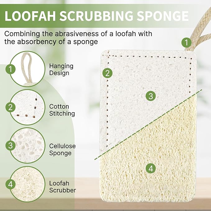 6 Pack Natural Loofah Sponges for Dishes, Loofah Kitchen Sponges with Cellulose & Cotton Loop, Natural Sponges for Dishes & Kitchen Cleaning
