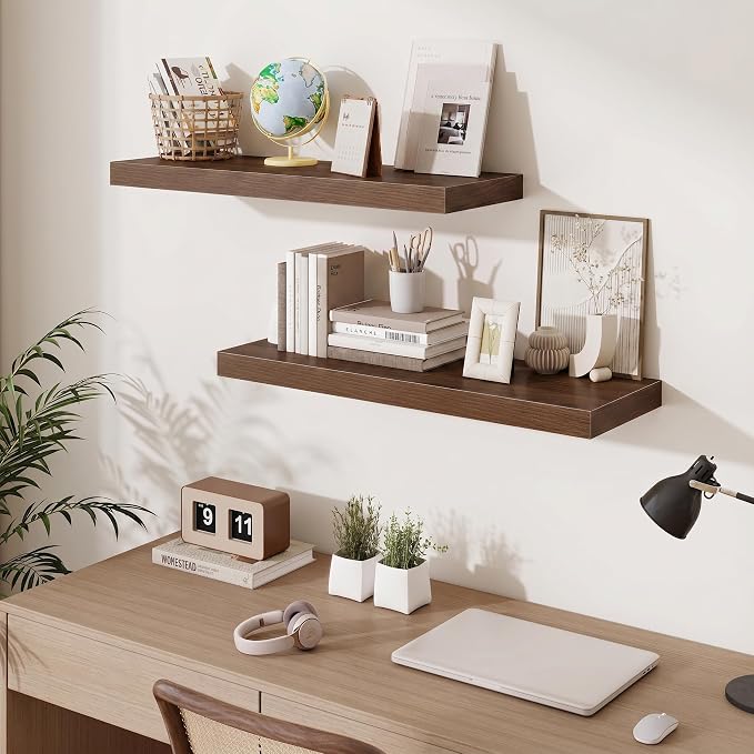 Fun Memories Floating Shelves for Wall, 32 Inch Long Floating Shelves Set of 2, 32 x 10 Wooden Shelves for Wall, Large Storage Shelves, Hanging Shelves for Bathroom Kitchen Bedroom, Walnut
