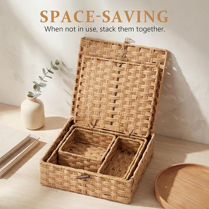 Newtay Set of 4 Woven Wicker Storage Baskets with Lids, Decorative Storage Boxes Lidded Rattan Organizer Bin Home Decor for Shelf, Coffee Table, Closet, Bathroom, Living Room(Plastic,Natural Color)
