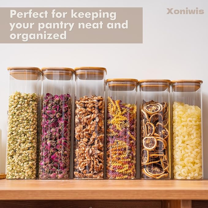3-Pack 1.8Qt Rectangle Glass Storage Jars with Bamboo Lids | Minimalist Kitchen Organizer,Scandinavian Style Storage,Nordic Style Storage,Food Storage Canister for Pasta, Penne, Macaroni