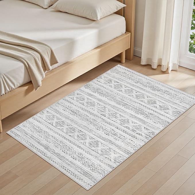 Tortania Area Rug Living Room Rugs - 3x5 Washable Soft Neutral Boho Moroccan Farmhouse Mat Indoor Floor Carpet for Bedroom Under Dining Table Home Office Decor - Ivory Gray