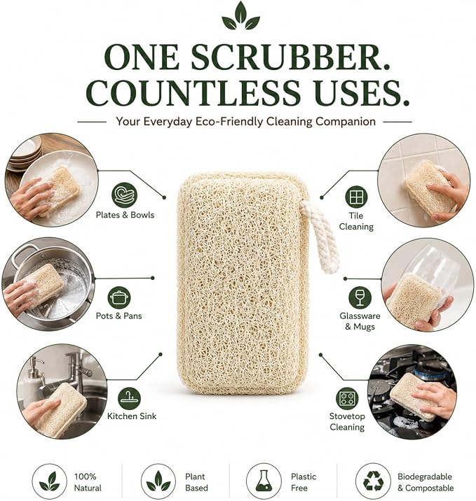 Natural Loofah Dish Sponge (Pack 6) Multipurpose | Dish Vegetable Scrubber for Kitchen, 100% Biodegradable, Compostable, Dishwashing Scouring Pad, Zero Waste