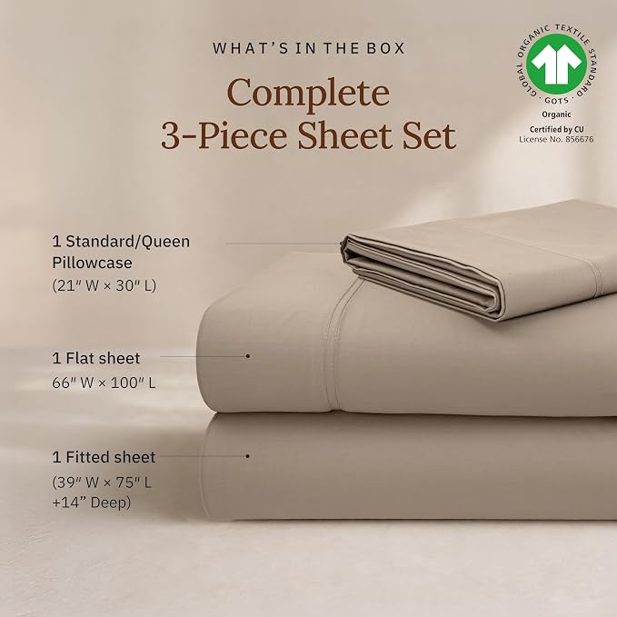 California Design Den 100% Organic Cotton Sheets Twin Size Set - Soft and Lightweight Sateen, Deep Pockets, Durable Bedding - Warm Taupe