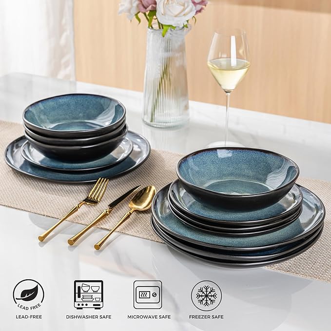 AmorArc Ceramic Dinnerware Sets,Handmade Reactive Glaze Stoneware Plates and Bowls Sets,Highly Scratch Resistant | Dishwasher & Microwave Safe Dishes Set,Service for 4 (12pc)