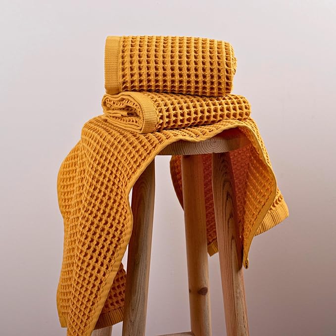 PÜSKÜL - Set of 3 Organic Waffle Hand Towel Mustard - Premium Quality, 100% Turkish Cotton, Soft, Quick-Dry, Absorbent, Lint-Free Face Kitchen Hand Towels (Mustard Yellow, Hand Towels - Pack of 3)