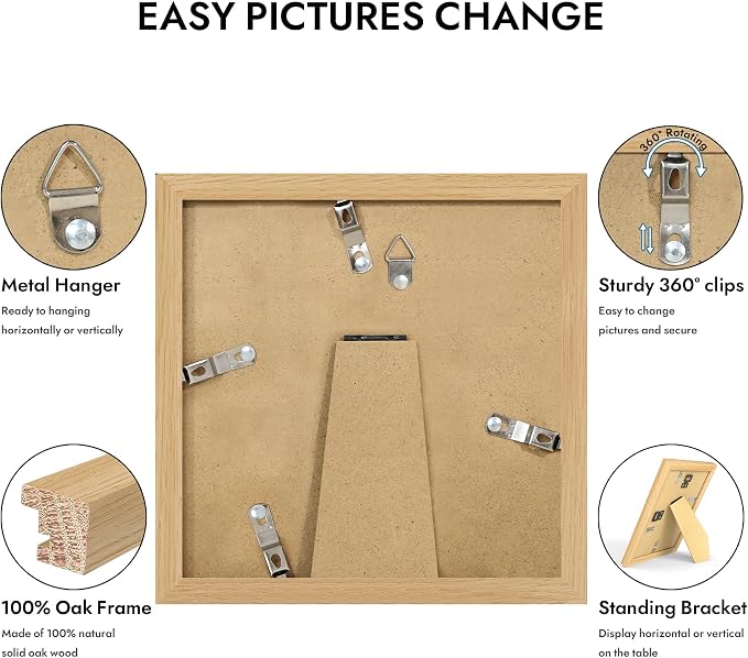 Hongkee 6x6 Oak Wood Picture Frame 1 Pack(Matted 4x4) with Real Glass Cover | Natural, 6 x 6 Solid Wood Frame for Wall or Tabletop Display - Includes Easel Back, Vertical Hang - Ideal for Home, Office