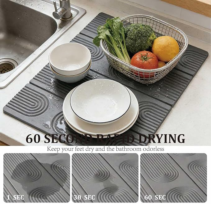 Large Quick-Dry Stone Drying Mat for Kitchen Counter, 24" × 16", Foldable Diatomaceous Earth Dish Drying Mat with PU Non-Slip Base,for Bottles Cups Dishes (Gray (4-fold), 24" × 16")