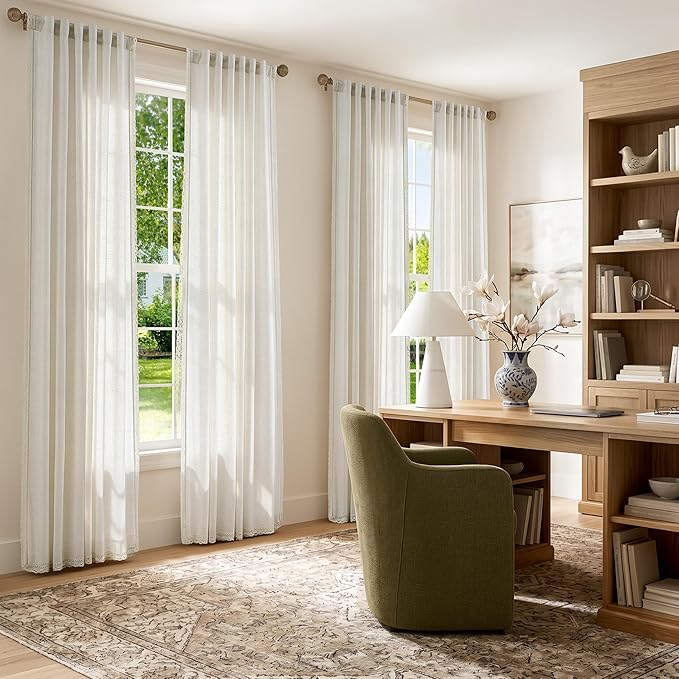 jinchan Linen Curtains for Living Room Bedroom Light Filtering Semi Sheer Curtains Boho Farmhouse French Country Cottage Core Decor Window Drapes Back Tab 84 Inch Length Laced Beige
