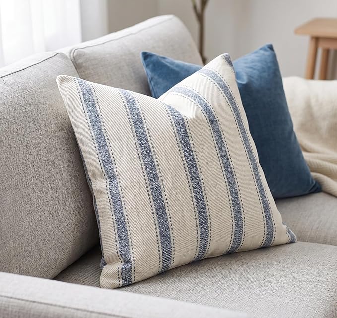 SanVia Cotton Throw Pillow Covers 20x20 – Handwoven Jacquard Texture, Fade-Resistant, No Pilling – Hidden Zipper, Decorative Cushion Cover for Sofa, Couch, Bed – Insert Not Included (Striped, White)