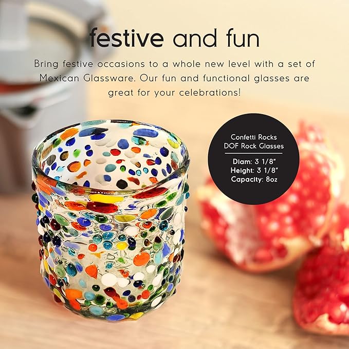 Confetti Rocks 8 oz DOF Glasses (set of 6) | Hand Blown Drinking Glasses, Multicolor Mexican Glassware Tumblers for Water, Juice, Margaritas & Cocktails | Lead-free, Toxin-Free
