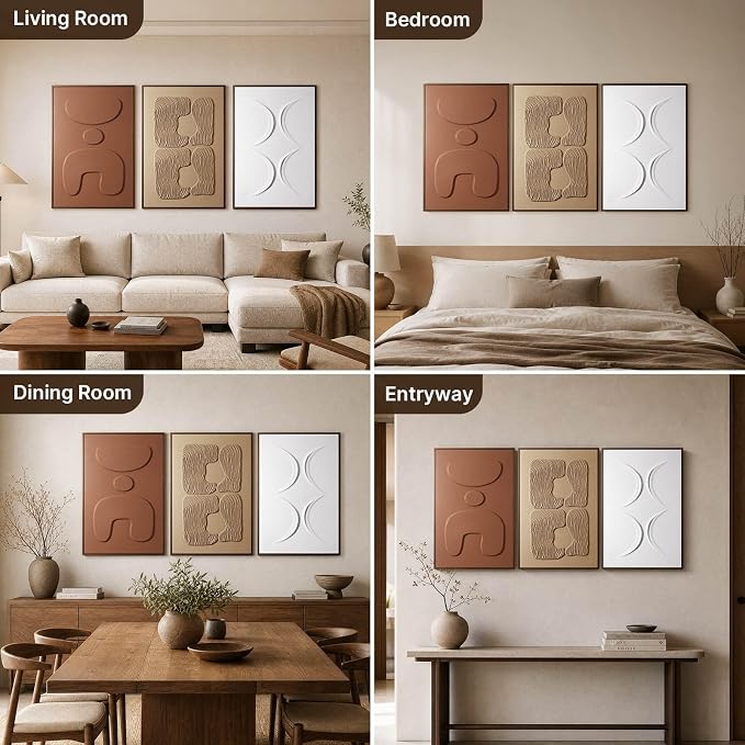 3D Textured Wall Art for Living Room, Set of 3 Wabi Sabi Abstract Sandstone Artwork with Solid Catalpa Wood Frame, Minimalist Triptych Pictures for Hallway Entryway, Ochre Earth & Terracotta Harmony, 24x36 In