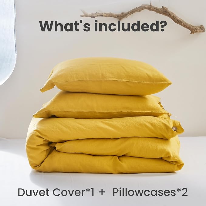 Simple&Opulence 100% Linen Duvet Cover Set 3pcs with Coconut Button Closure Natural French Washed Flax Solid Color Soft Breathable Farmhouse Bedding - Mustard Yellow, Full Size