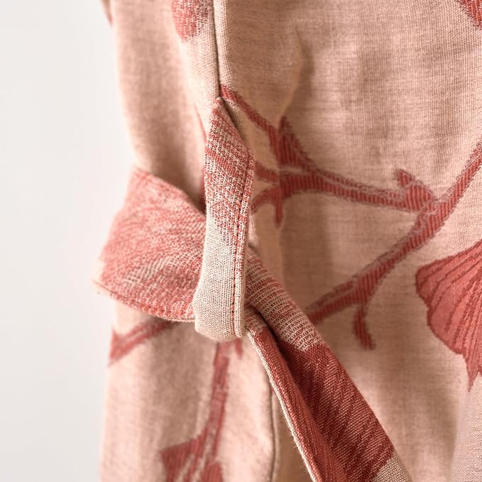 100% Cotton Gauze Ginkgo Leaf Kimono Robe, Long Knit Loose Bathrobe Nightgown Ladies Loungewear Sleepwear for Women