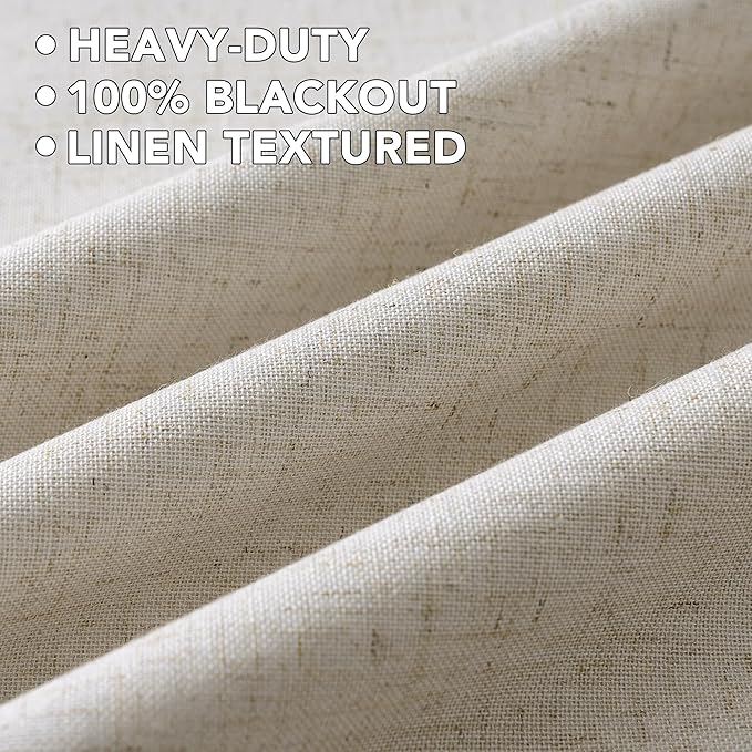H.VERSAILTEX Linen Curtains 100% Blackout Curtains for Bedroom 90 inch Long Full Light Blocking Nature Linen Blended Window Curtains for Living Room Nickel Grommet (2 Panels, Heathered Linen)