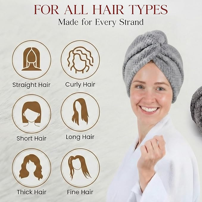 2 Pack Microfiber Hair Towel Wrap for Women 26 x 10 in | Hair Drying Towel with Button | Hair Turban Towel Quick Dry Waffle Coral Fleece Head Towels (Grey + Camel)