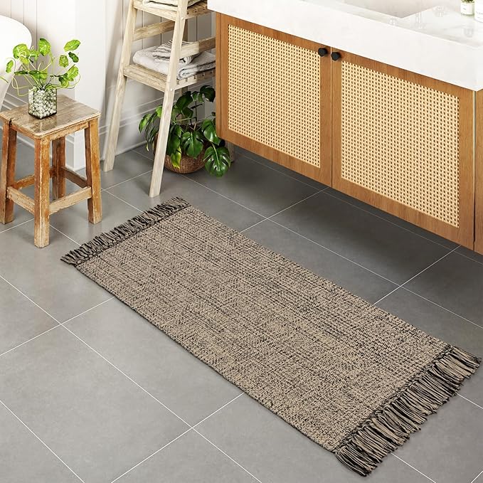 Collive Kitchen Runner Rug, 2x4.3 Hand-Woven Reversible Washable Bathroom Runner Rug for Entryway, Natural/Black Cotton Woven Boho Farmhouse Front Door Rug for Bedroom Entry Kitchen Floor Door Decor
