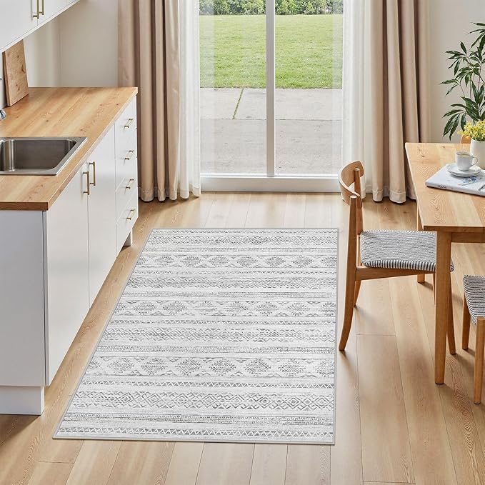 Tortania Area Rug Living Room Rugs - 3x5 Washable Soft Neutral Boho Moroccan Farmhouse Mat Indoor Floor Carpet for Bedroom Under Dining Table Home Office Decor - Ivory Gray
