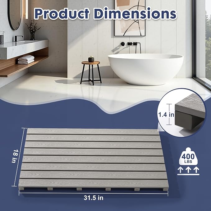 Bamboo-Design Bath Mat, Heavy Duty HDPS Plastic, 31.5"x18", 400lb Support, 100% Waterproof & Fadeproof, Superior to Real Bamboo for Bathroom Shower Spa Sauna Poolside Outdoor (Gray Color)
