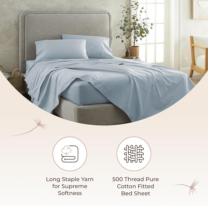 Organic Full Fitted Sheet Only Deep Pocket - 100% Organic Cotton Sheets with Soft Breathable 500 Thread Count Sateen Weave GOTS & Fairtrade Certified - Fitted Bed Sheets Only (Powder, Full)