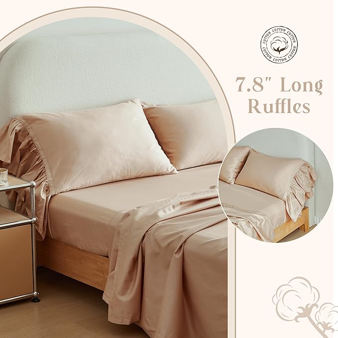 Simple&Opulence 100% Organic Cotton Sheet Set, Long Ruffle Bed Sheets (1 Flat Sheet, 1 Fitted Sheet and 2 Pillowcases) Elegant Shabby Chic Bedding Farmhouse Charming Vintage - Sand, Full