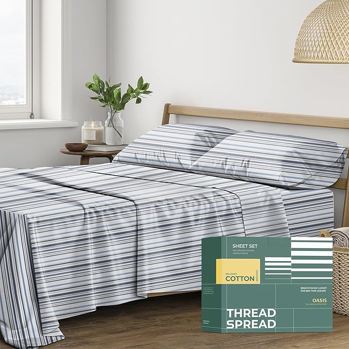 THREAD SPREAD 100% Organic Cotton Sheets King Size - Organic Cotton Percale Weave Sheet Set (4 PC, Variegated Stripe), Soft, Cooling, Crisp & Breathable, 16" Deep Pocket Hotel Quality Bedding Set