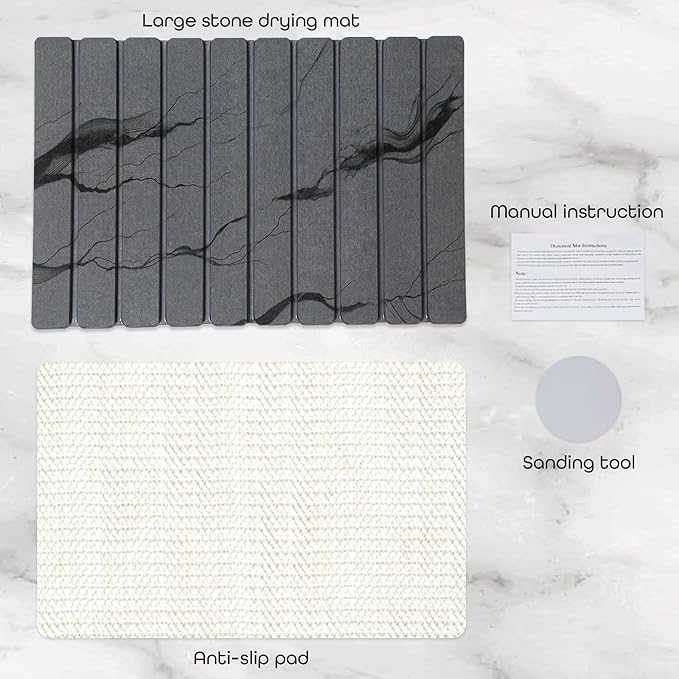 Stone Dish Drying Mat 24" x 16" – Dish Drying Stone Mat – Large Diatomaceous Earth Drying Mat with Non-Slip Base – Quick Dry Kitchen Drying Pad for Dishes, Glassware & Bottles (Marbled Dark Grey)