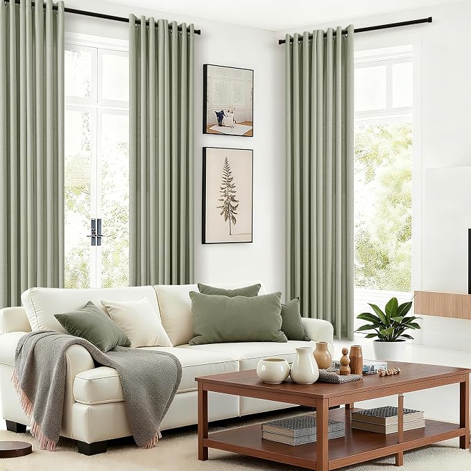 Light Green Linen Curtains 108 Inches Long Bronze Grommet Semi Sheer Sage Drapes for Living Room Light Filtering Neutral Boho Privacy Floor to Ceiling 108 Inch Curtains 2 Panel Set For Large Window