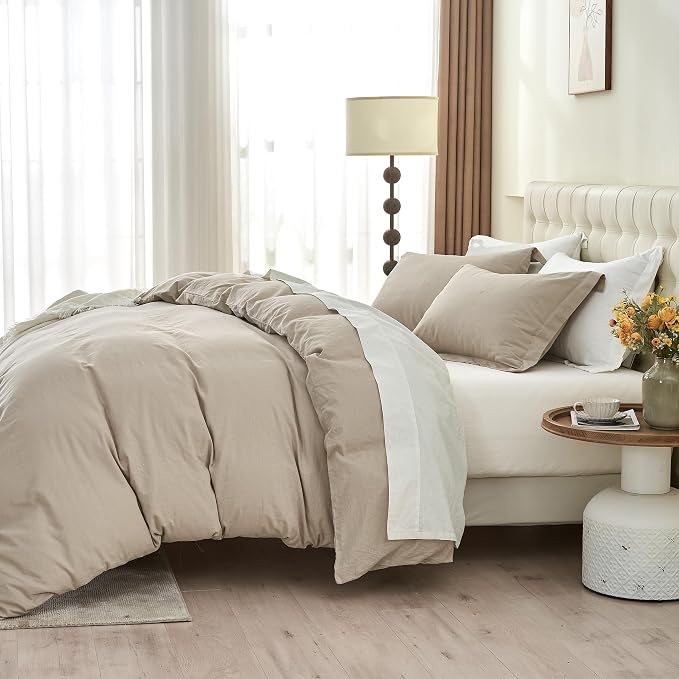 Simple&Opulence French Linen Duvet Cover Set- 104"x 92" - 3 Pieces (1 Comforter Cover,2 Pillowcases)-Natural Flax Cotton Blend-Solid Color Breathable Farmhouse Bedding - Khaki, King