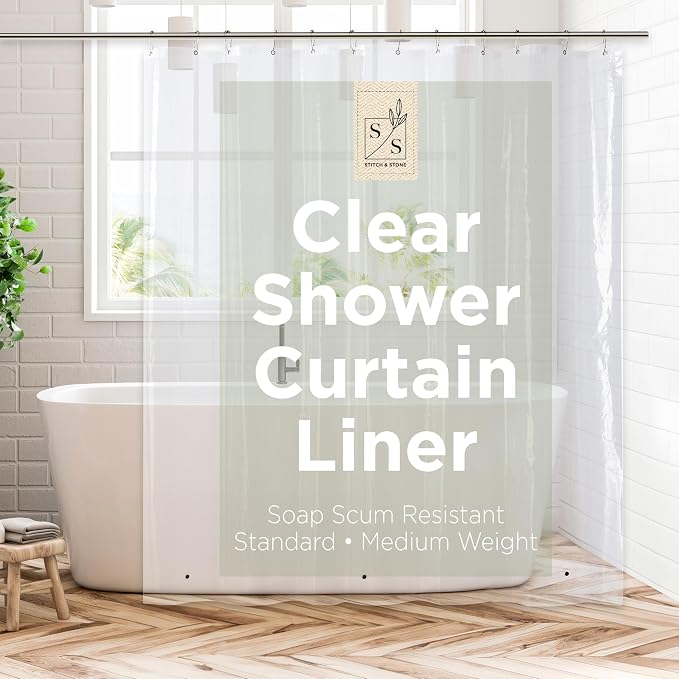 Stitch & Stone Shower Curtain Liner, Premium Medium Weight Durable Waterproof 6g PEVA for Bathroom with Weighted Magnets, Standard Size 72" x 72", Clear 1 Pack