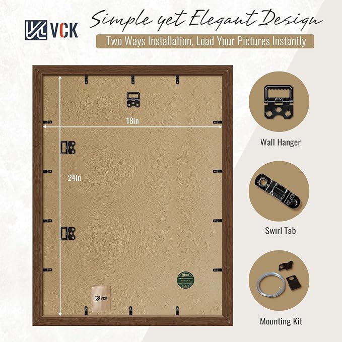 VCK 18x24 Frames Brown 3 Pack, Wide Border Wood, Display 16x20 Picture Photo with Mat or 18 x 24 without, for Home, Office, Gallery, Woodgrain Series, Wall Hanging