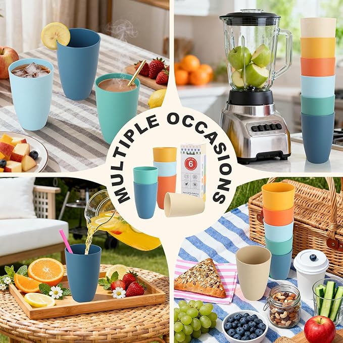 Wheat Straw Cups Set of 6, Unbreakable 20 OZ Reusable Cups, Alternative Plastic Drinking Glasses, Lightweight Tumbler for Kitchen Outdoor, Dishwasher Safe Tumblers & Water Glasses, Multi