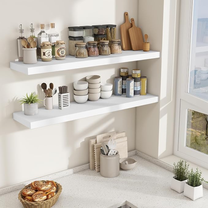 Fun Memories 48 Inch Floating Shelves for Wall - 10 Inch Deep Fireplace Mantel Shelf - Wood Floating Shelf for Wall - Large Storage Shelves Wall-Mount for Living Room & Bedroom - White - Set of 2
