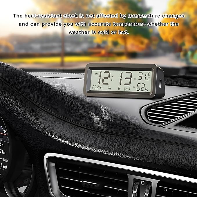 Car Digital Dashboard Clock, Solar Power Rechargeable Vehicle Electronic Clock with Night Backlight, Desk Watch with Day/Date/Temperature Display for Home Bedroom Office