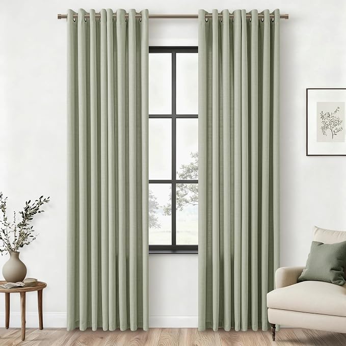 92 Inch Semi Sheer Curtains for Bedroom Bronze Grommet Flax Linen Privacy Non See Through Drapes Gray Green Boho Neutral Cottagecore Modern Bay Window Curtains 92 Inches Long for Living Room