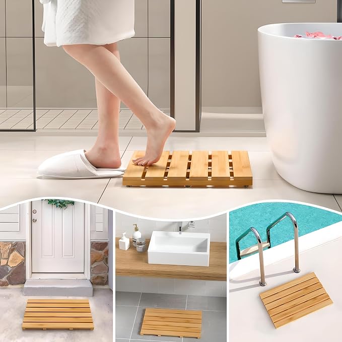 Luxury Bamboo Bath Mat - Waterproof Wood Shower Mat with Non-Slip Feet - Sturdy Bathroom Mat for Inside and Outdoor Use - Bathroom Decor Essentials Multifunctional Design for All Occasions