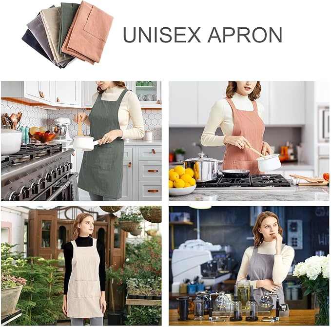 ELEZAY Aprons for Women with Pockets Plus Size Comfort Cross Back No Tie Cotton Linen Apron Pinafore