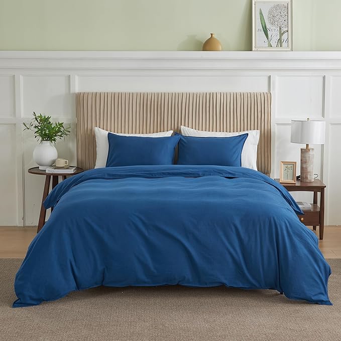 BISELINA French Linen Duvet Cover Set 3pcs with Hidden Zipper Closure Natural Flax Cotton Blend Solid Color Soft Breathable Luxury Farmhouse Bedding - King Size, Navy Blue