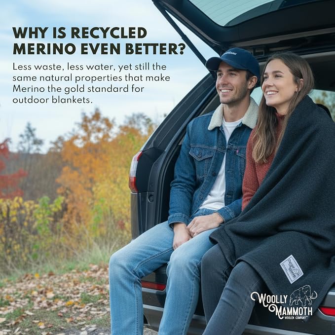 Woolly Mammoth Woolen Company Merino Wool Blanket - 50% Wool - Machine Washable Throw - Thermal Insulation for Camping & Survival Gear - Travel Blanket for Camper Vans & Car Kit (85" x 47" Juniper)