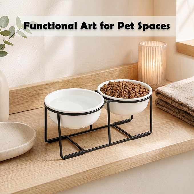 Ceramic Elevated Dog Bowl Set - Raised Food and Water Bowls with Metal Stand - Double Pet Dishes for Small and Medium Dogs - 3 Cups - 24.3 fl oz - Matte White