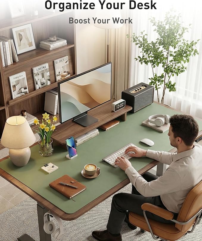 Aothia Faux Leather Desk Mat - Large Mouse Pad, Non-Slip PU Leather Blotter, Waterproof Writing Surface for Office and Home (Olive Green, 63" x 24")