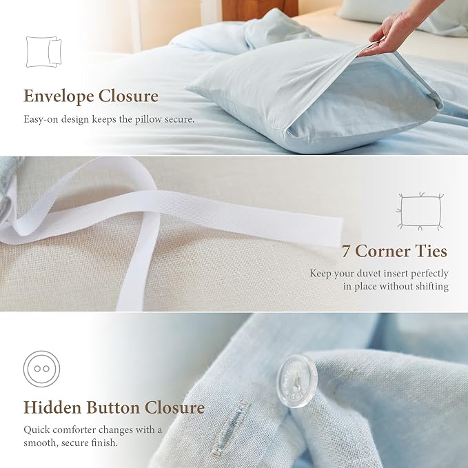 Simple&Opulence Linen Duvet Cover Set King Size - French Linen Cotton Woven Blend in Light Blue, 3 Pieces (1 Comforter Cover 104x92” + 2 Pillowcases), Soft & Breathable All-Season Farmhouse Bedding
