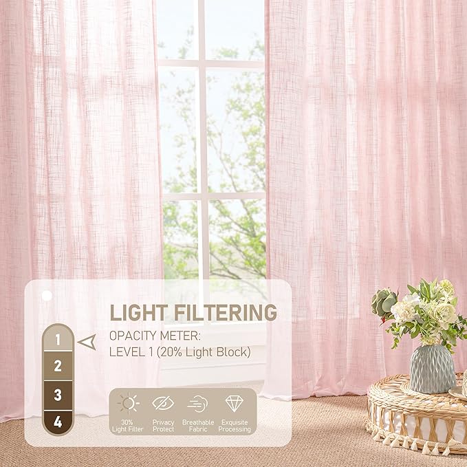 LAMIT Pink Linen Curtains for Living Room 96 Inches, Back Tab and Rod Pocket Semi Sheer Panels Light Filtering Farmhouse Drapes for Bedroom/Girl's Room, Set of 2, 52 x 96 Inch